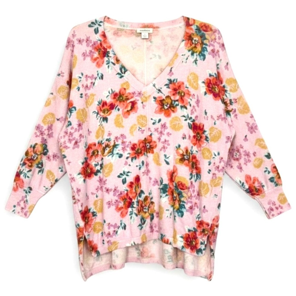 Sundance Pink Floral 100% Cotton V Neck Watercolor High Low Sweater Size S